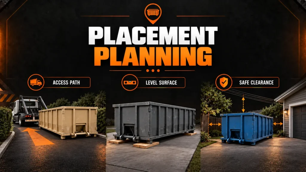 Planning roll-off dumpster placement and truck access